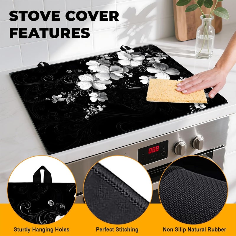 BVBOX Stove Top Cover Retro Flower Gas Stove Top Cover for Home Decoration Kitchen Pad Non-Stick Washable Cooktop Covers Countertop Protector Keep Stove Clean 28"x20" (White flower-2) - Image 2